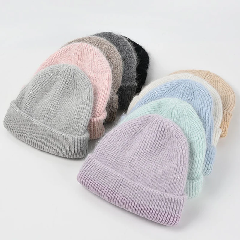 Cashmere Rabbit Fur Beanie Women Winter Hats Wool Knitted Warm Glitter Skullies Beanies  Gorros Female Cap  Bonnets Wholesale