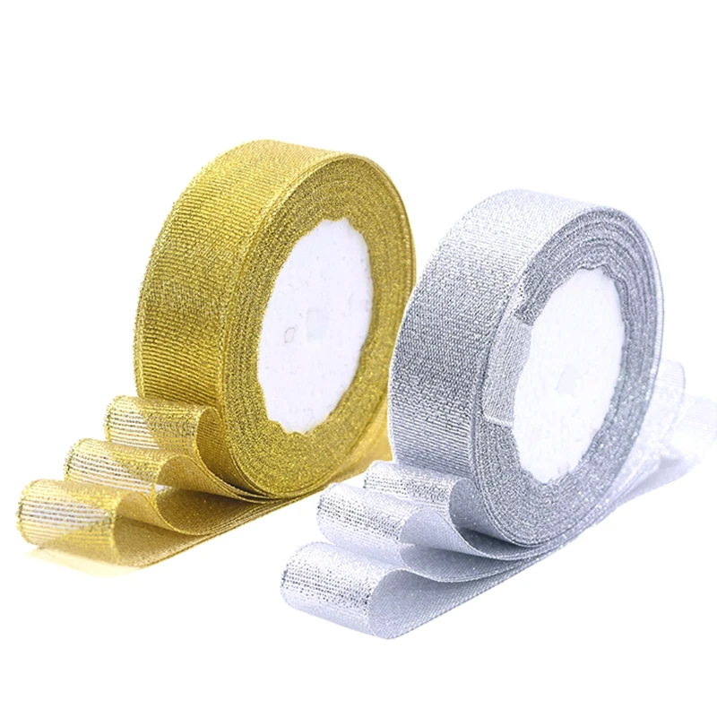 

25Yards Gold Silver Silk Satin Organza Ribbon Glitter Embroidered Ribbons for Wedding Cake Gift Decoration DIY Craft Supplies