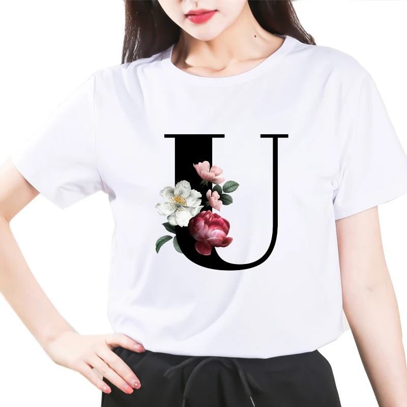 

Custom name 26 letter combination women's High quality printing T-shirt Flower letter Font U Short sleeve Clothes