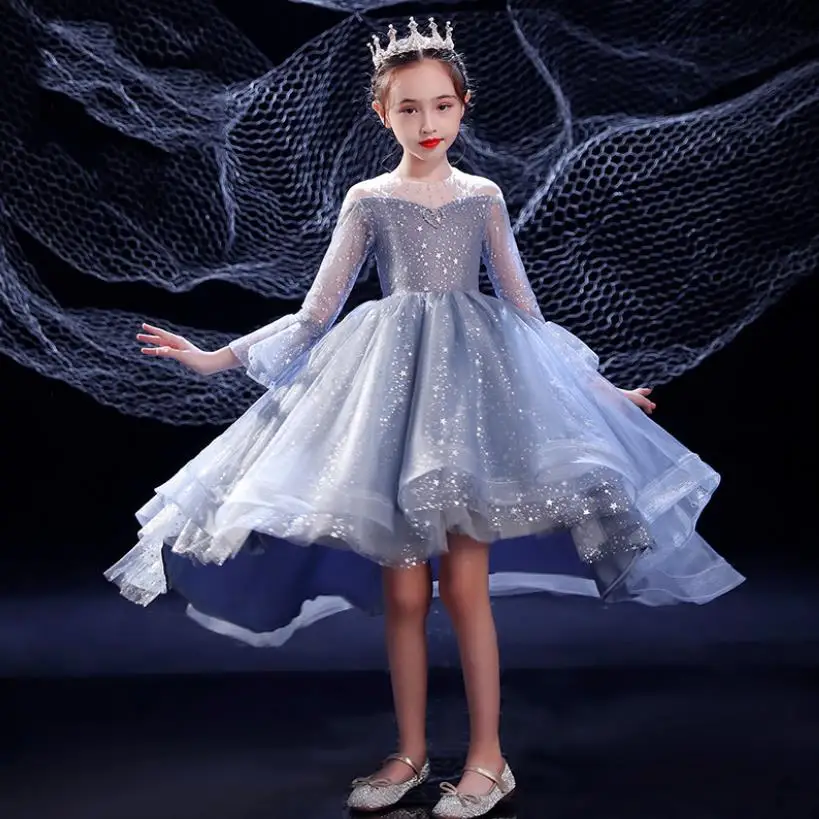 Children Sequined Mesh Stitching Dresses For Girls Kids Catwalk Perform Birthday Party Wedding Evening Gown Vestidos L1507