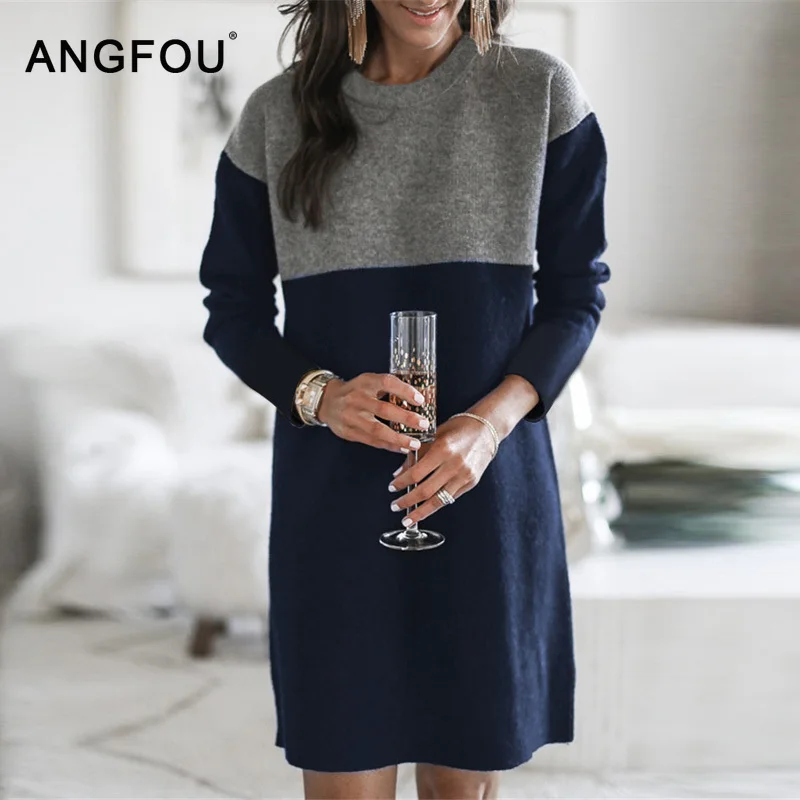 

Fashion Women Dress Patchwork Print Loose Plus Size Round Neck Long Sleeve Woman Dress Mini Dress Elegant Simple Dress Ladies