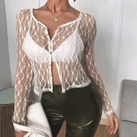 black white lace mesh sheer see through t shirt long sleeve button crop top sexy women streetwear summer y2k aesthetic top tee