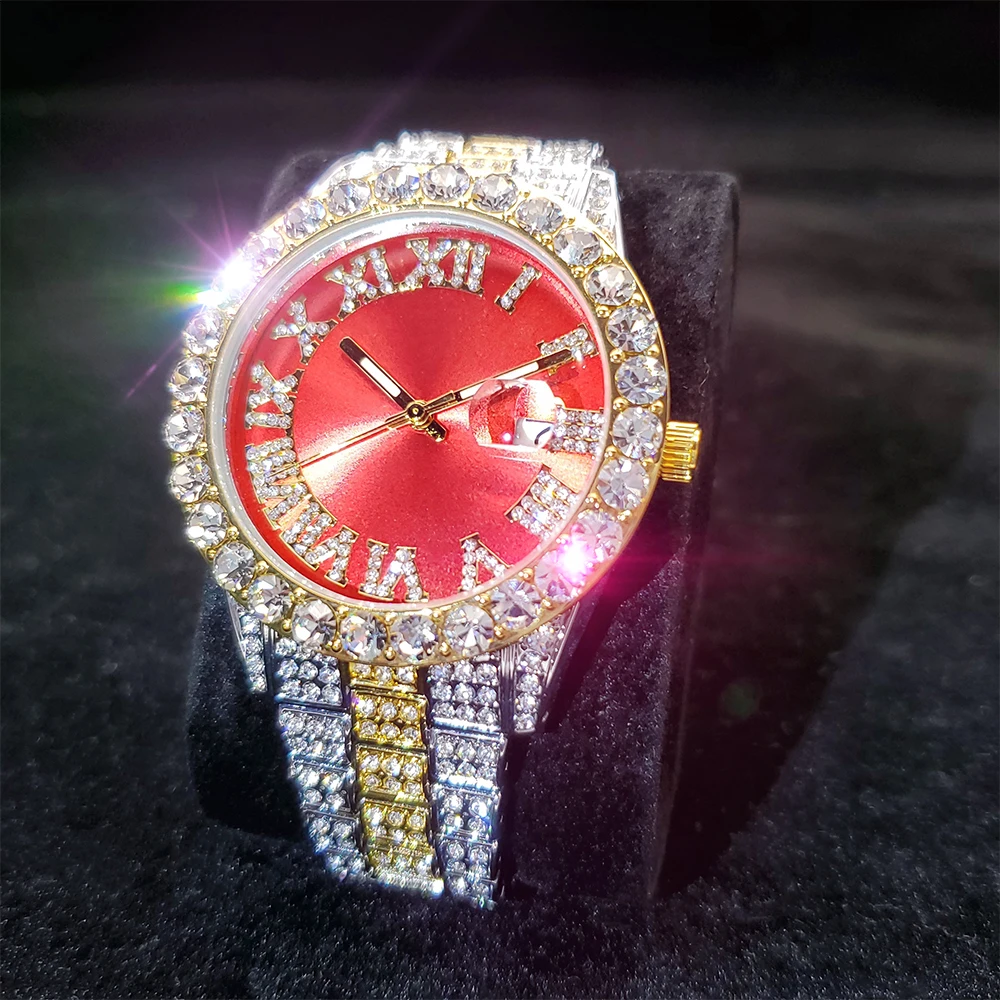 

MISSFOX Red Round Big Dial Man Unique Watches Fashion Giod And Sliver Men's Wristwatches Big Diamond Auto Date Man Quartz Watch