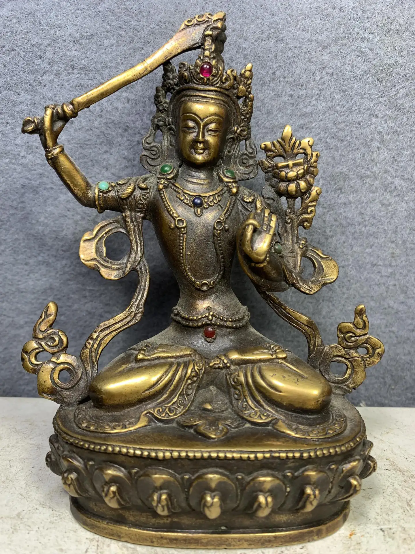 

Home Decor 6"Tibet Buddhism Old Bronze Gem Manjusri Sword Bodhisattva Buddha statue Enshrine the Buddha