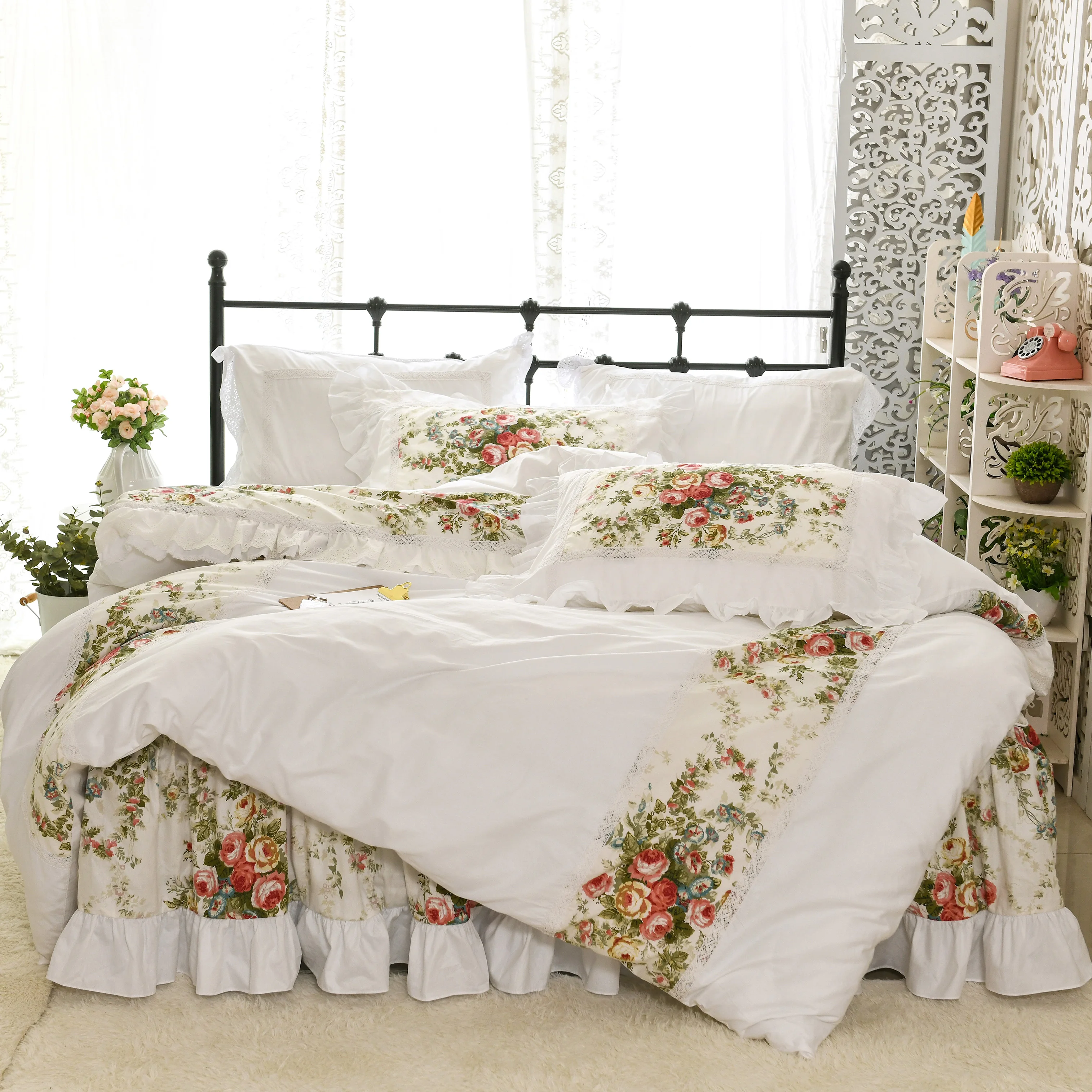 Набор постельного белья из хлопка Универсальный Цветочный вышитый