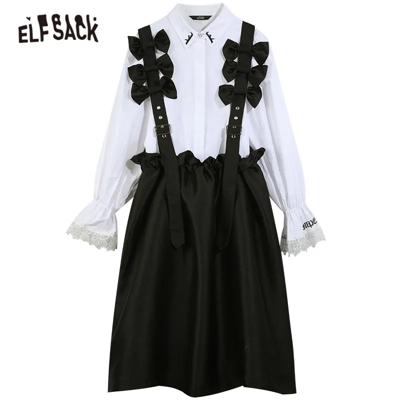

ELFSACK Solid Contrast Lace Casual Dress Women Fake 2 Pieces Sets,2021Winter ELF Vintage Bows Strap Ladeis Daily Matching Suits