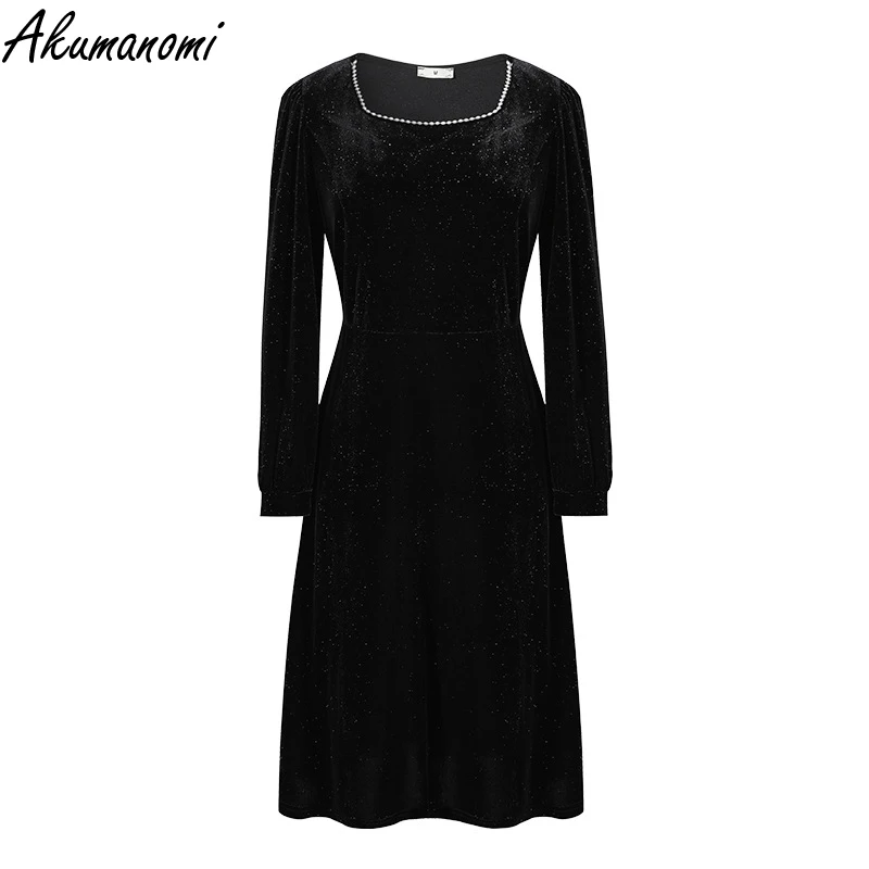 

Plus Size Women Clothing Autumn Velvet dot Dresses 3XL 4XL 5XL Square Collar Long Sleeve Korean French Casual Long Dress 2021