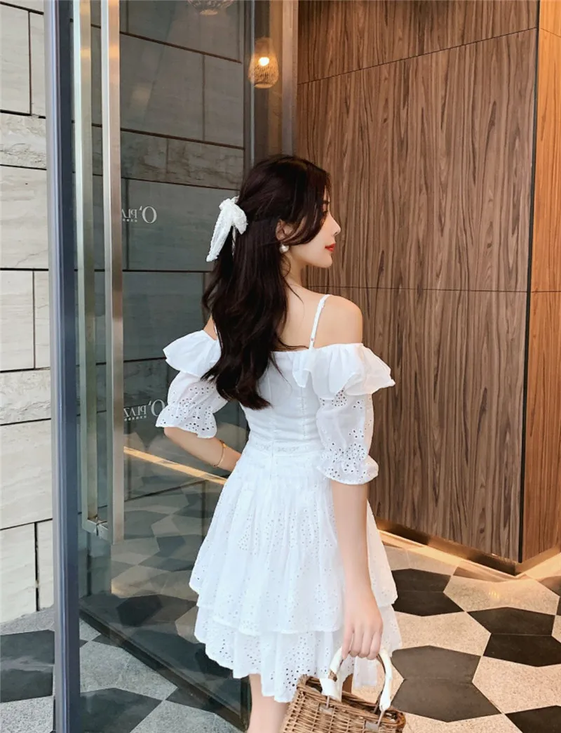 

Elegant Ruffle Off Shoulder Slash Neck Women Cotton Dress Spaghetti Strap Hollow Out Pleated Dresses Female Sweet Short Sundress