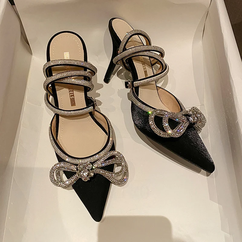 

2022 весенние роскошные женские блестящие сандалии на высоком каблуке 8 см розовые черные сандалии стразы на каблуке свадебные туфли Золушки ...
