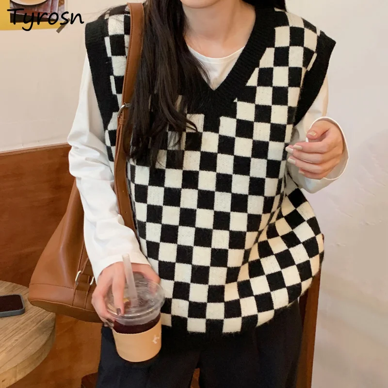 

Женский клетчатый свитер, жилеты в стиле преппи, классический универсальный трикотажный модный винтажный Повседневный свитер с V-образным ...