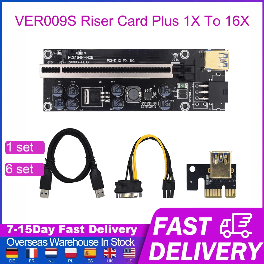 

VER009S 1/6set Riser Card Plus 1X To 16X Extender 6Pin Graphics Extension Adapter USB 3.0 Cable GPU Miner Mining