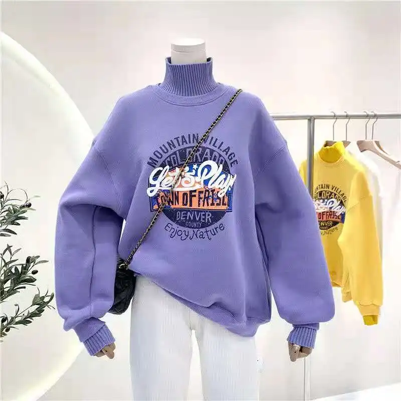 

Vintage Print Turtleneck Splicing Fake Two Piece Purple Sweatshirt Women Pullover Long Sleeve Casual Female Hoodies Autumn 2021