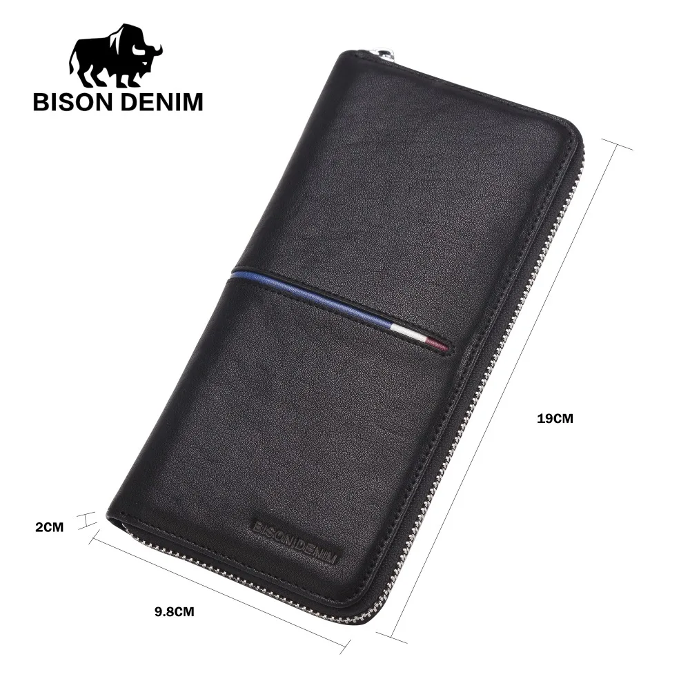 BISON DEINIM luxury brand men wallets genuine leather long zipper clutch wallet male card holder phone purse