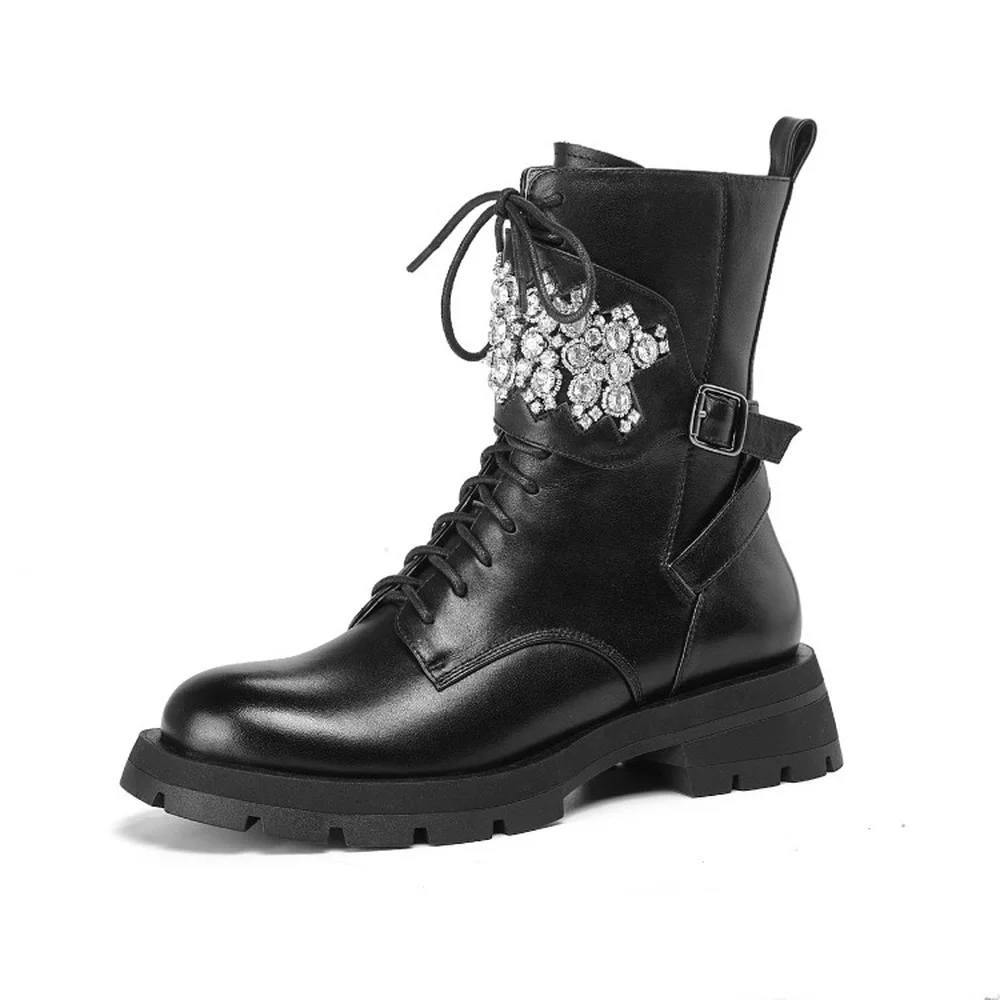 

OEING Womens Round Toe Ankle Boots Rhinestones Crystal Belt Buckle Chunky Heel Shoes Lace Up Genuine Leather Black Warm Winter