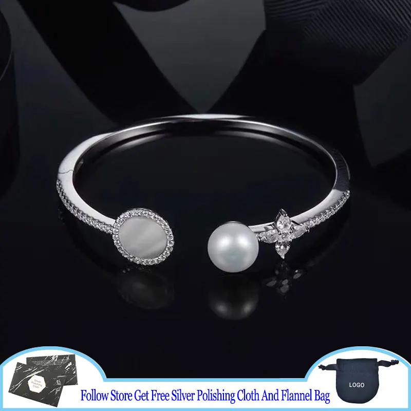 

S925 Sterling Silver Bracelet ETERNELLE White Nacre And Pearl Open Cuff Bangle High-End Women Couple Wedding Gift Jewelry Luxury
