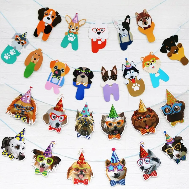 

Cartoon Cat Dog Pet Party Flag Banners Cute Dog and Cat Animal Face Banner Pull Flower Pet Birthday Theme Party Decorations
