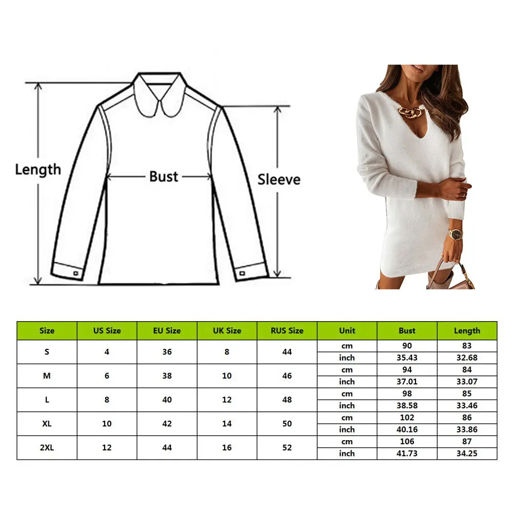 

2021 elegant Streetwear Women Dress Autumn Winter Metal Chain Deep V Neck Long Sleeve Mini Plush Bodycon Dress for women
