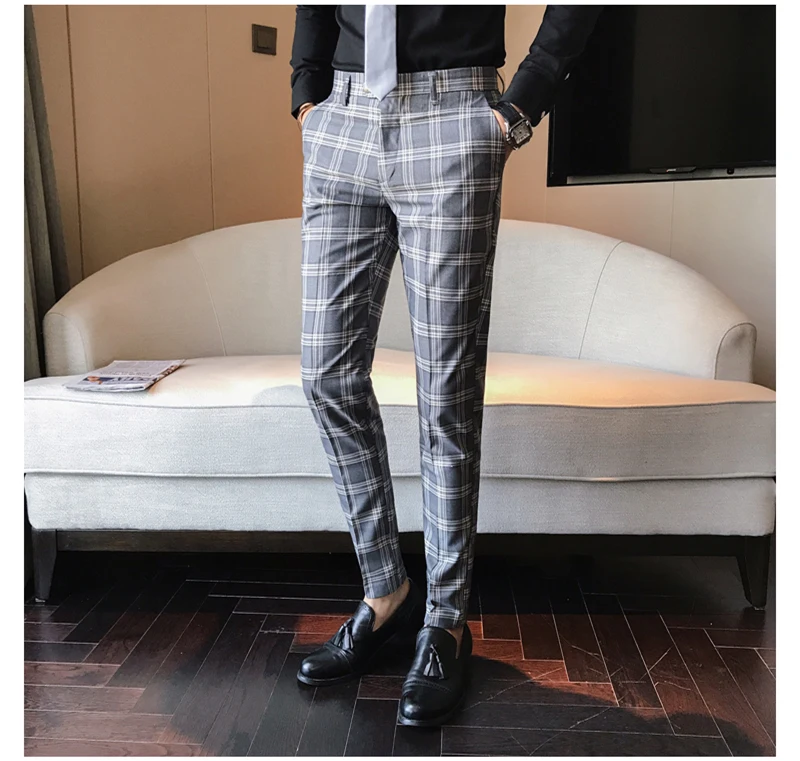 Серый синий мужской Клетчатый костюм брюки Slim Fit лодыжки костюм брюки для мужчин классическое деловое офисное платье формальный клетчатый костюм брюки P13