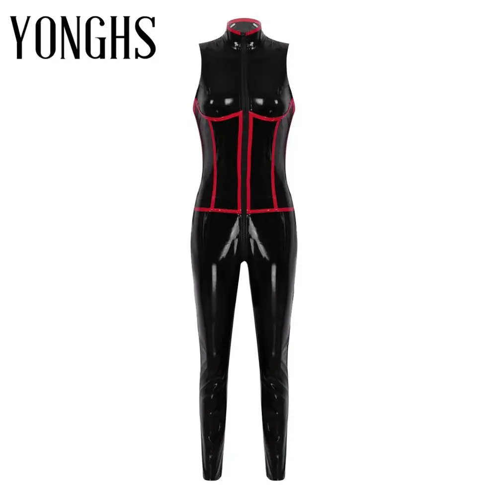 

Womens Sexy Latex Bodysuit Glossy Wetlook Patent Leather Stand Collar Zippered Bust and Crotch Leotard Bodysuit Catsuit Clubwear