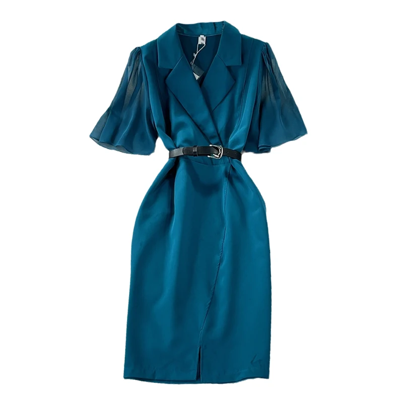 

Summer Professional Women Elegant Solid V-neck Mesh Short Sleeve Slim Waist Sashes Wrap Hip Mini Sexy Lady Office Work OL Dress