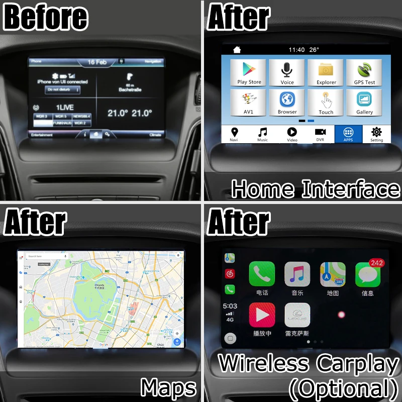 Интерфейсная коробка для Android / carplay Ford Focus Fiesta Kuga и т. Д. беспроводной интерфейсный