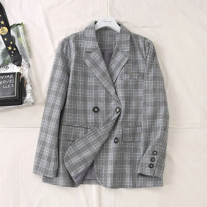 

Womens business suit plaid pant suits female Office ladies double breasted ladies suits Spring two-piece blazer suit set 5XL