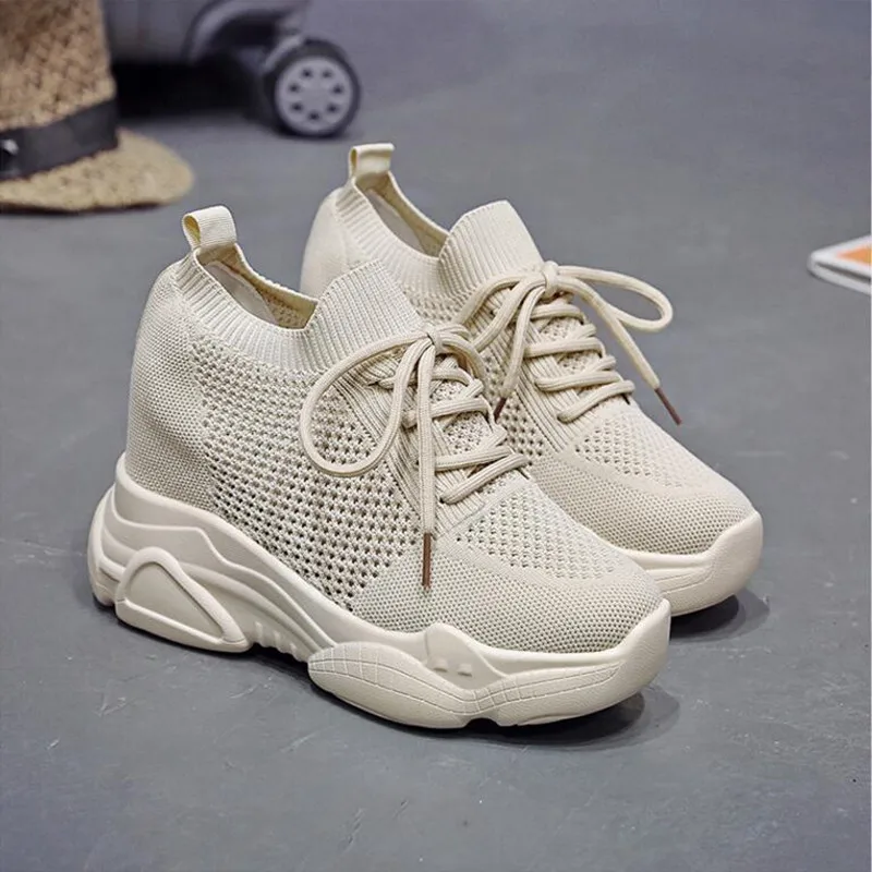Fashion 2022 Autumn High Platform High Heels Women Thick Sole Shoes 10CM Heels Wedge Sneakers Breathable Mesh Casual Shoes Woman