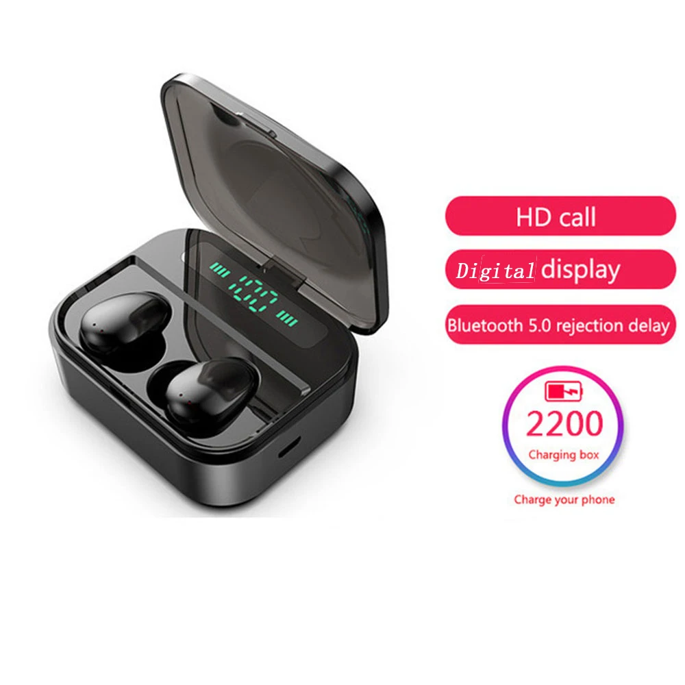 Беспроводные наушники Bluetooth V5.0 F9 TWS, беспроводные Bluetooth наушники, светодиодный дисплей, 2200 мАч, внешний аккумулятор, гарнитура с микрофоном - Цвет: Black