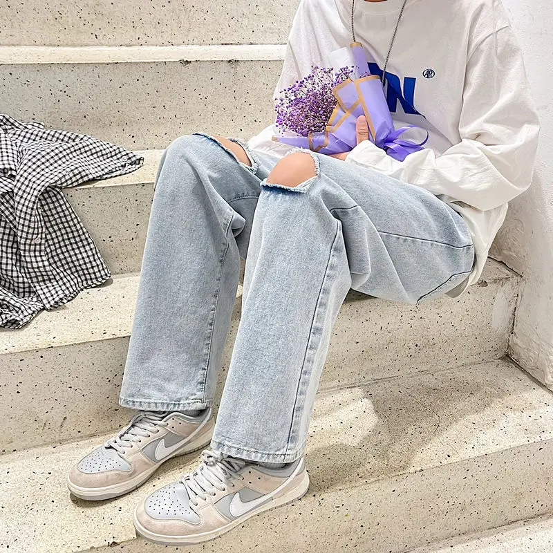 

Рваные Прямые джинсы тонкие свободные потертые светильник синие джинсы брюки сезон: весна–лето в стиле "хип-хоп" трендовые широкие брюки ул...