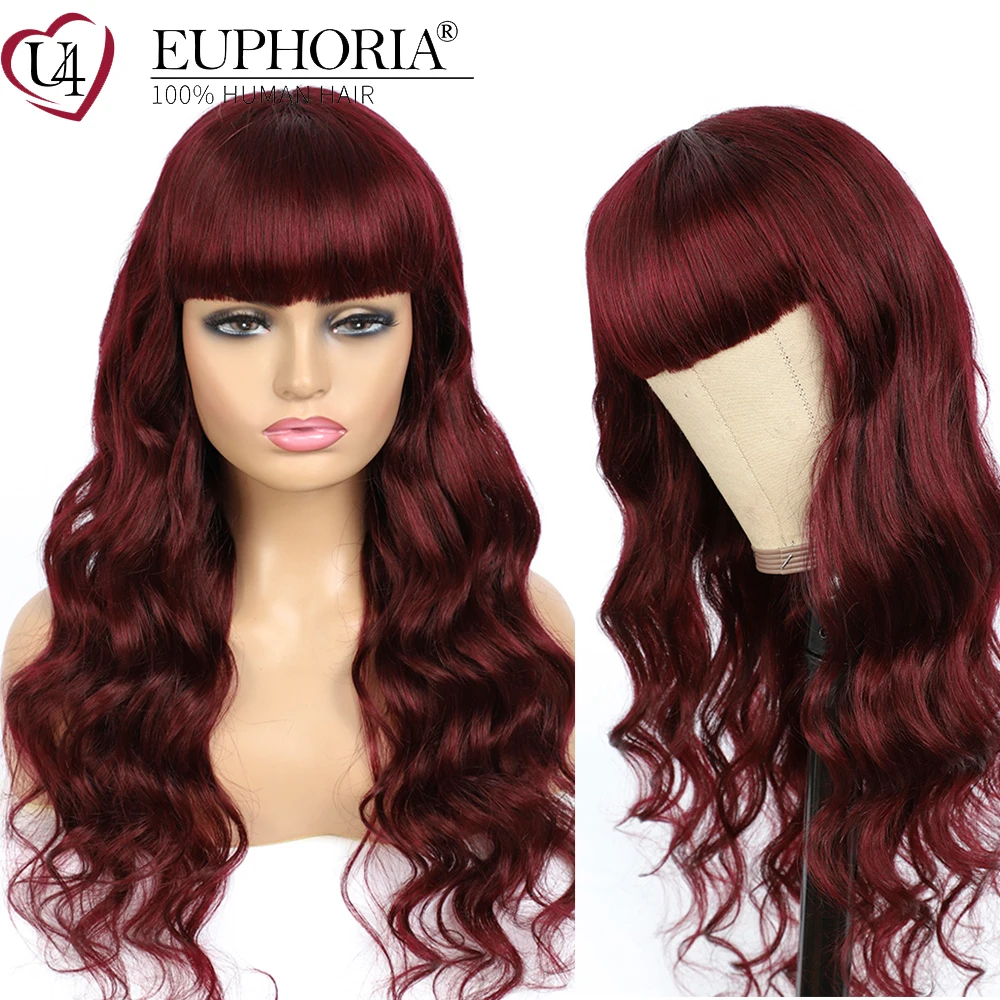 

99J Body Wave Cheap Full Machine Made Wig Remy Hair Wavy Wig Brazilian Human Hair Wigs With Bangs Colored Wig For Women EUPHORIA