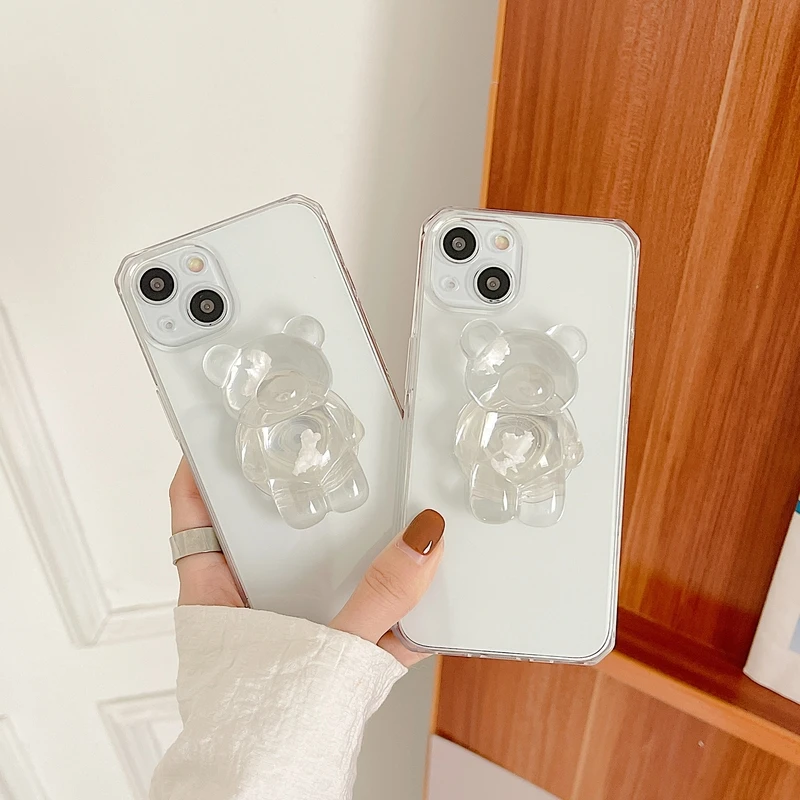 

Cute 3D Cartoon Bear Transparent Ring Holder Stand Phone Case For iPhone 13 12 11 Pro Max MiNi XR X XS 7 8 Plus SE Soft Cover