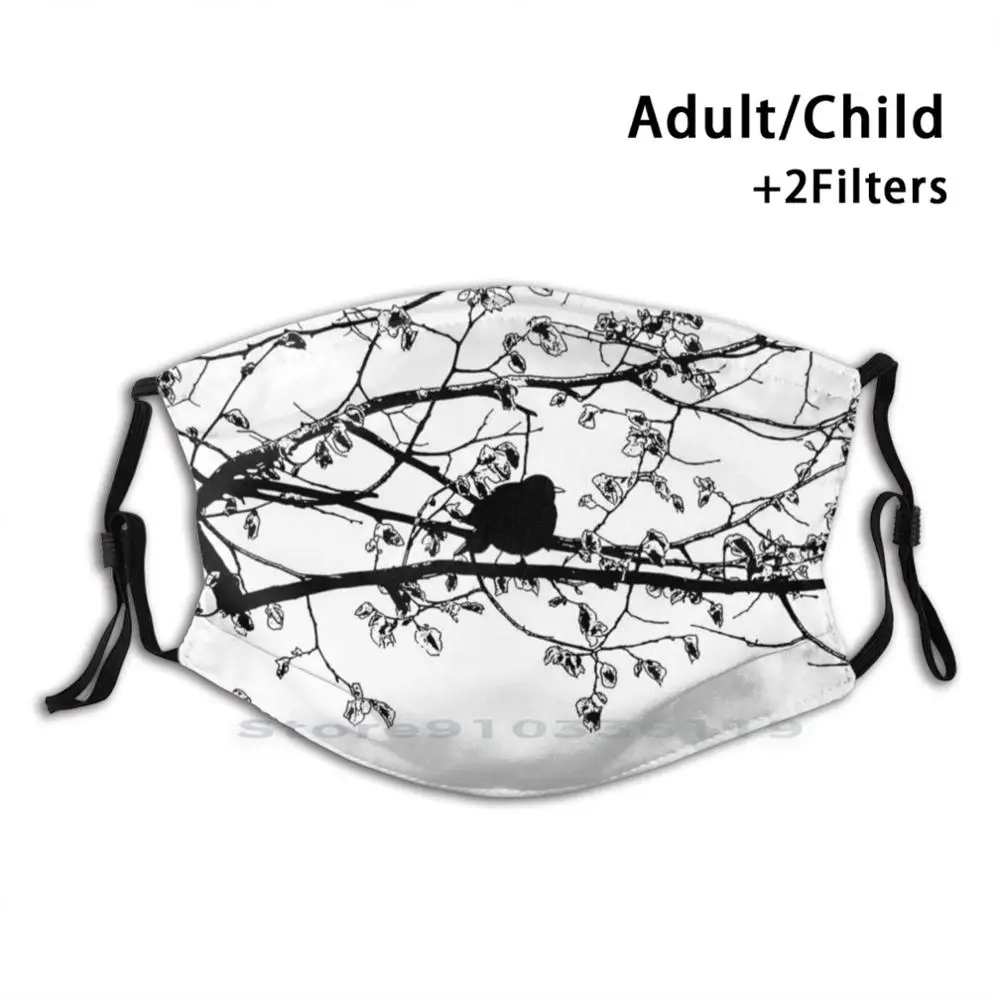 

The Black Songbird Reusable Mouth Face Mask With Filters Kids Bird Perched Tree Songbird Bird Song Blackbird Black Bird Black