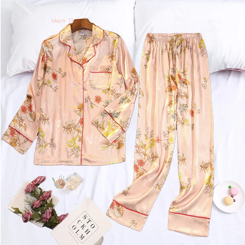 Pajamas Women Polka Dot Pijamas Sets Ice Silk Satin Sleepwer Suits Spring Fashion Homewear Long Sleeve Printing Pyjamas Rayon