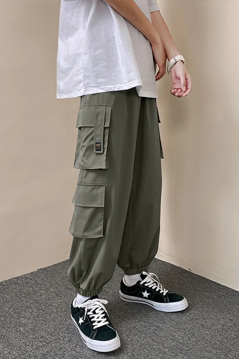 

Ice silk overalls men's summer 2021 new Hong Kong wind plus size ice silk thin pants feet casual pants men