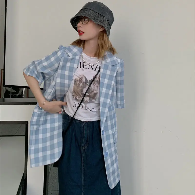 Женские блейзеры летняя мешковатая универсальная однобортная клетчатая модная