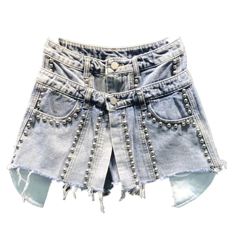 

{DEAT} Women Wide Leg Blue Fake Two Beaded Denim Shorts New High Waist Loose Fit Trousers Fashion Tide Spring Summer 2021 AY035