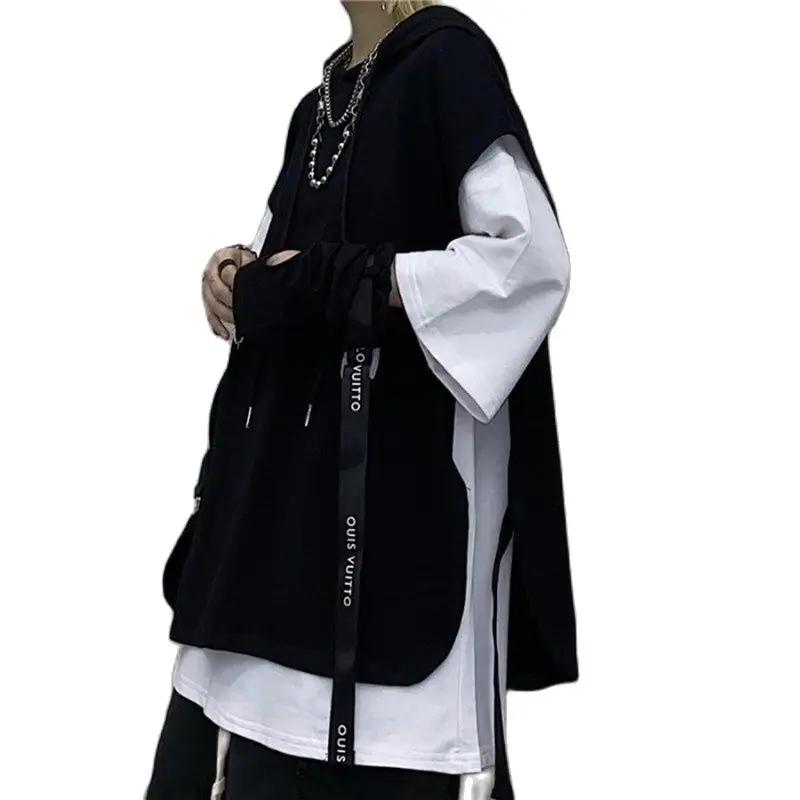 Женская Осенняя черно белая футболка с имитацией двух частей боковой шнуровкой в