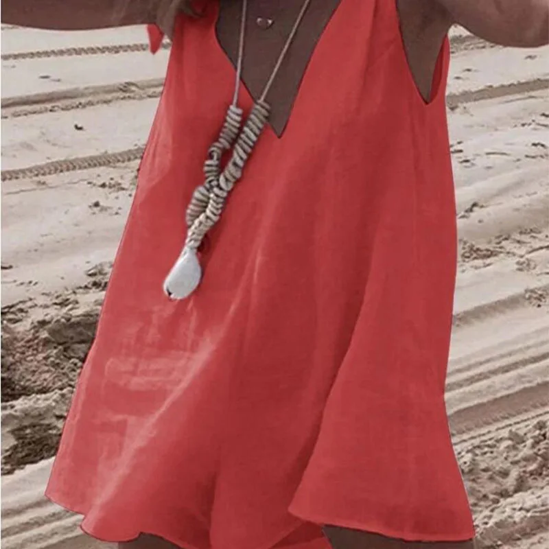 

Sale Women Summer New Sexy Deep V-Neck Top Casual Loose Sleeveless Beach Rompers Fashion Elegant Cotton And Linen Solid Playsuit
