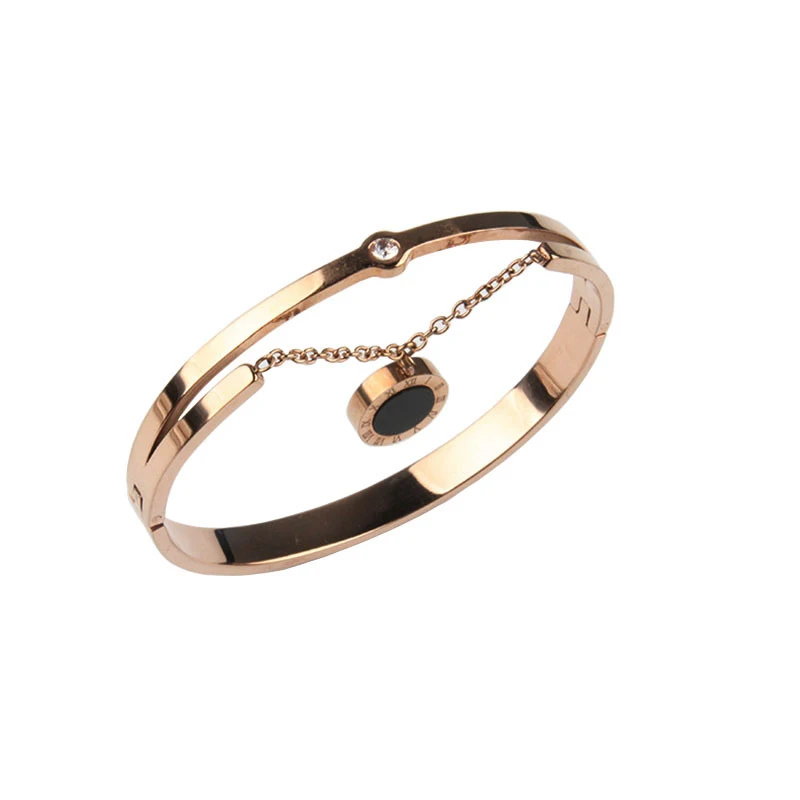 

Luxury titanium steel luxury rome numerals bangle fashion jewelry rose gold bracelet black round concise wristlet jewel women