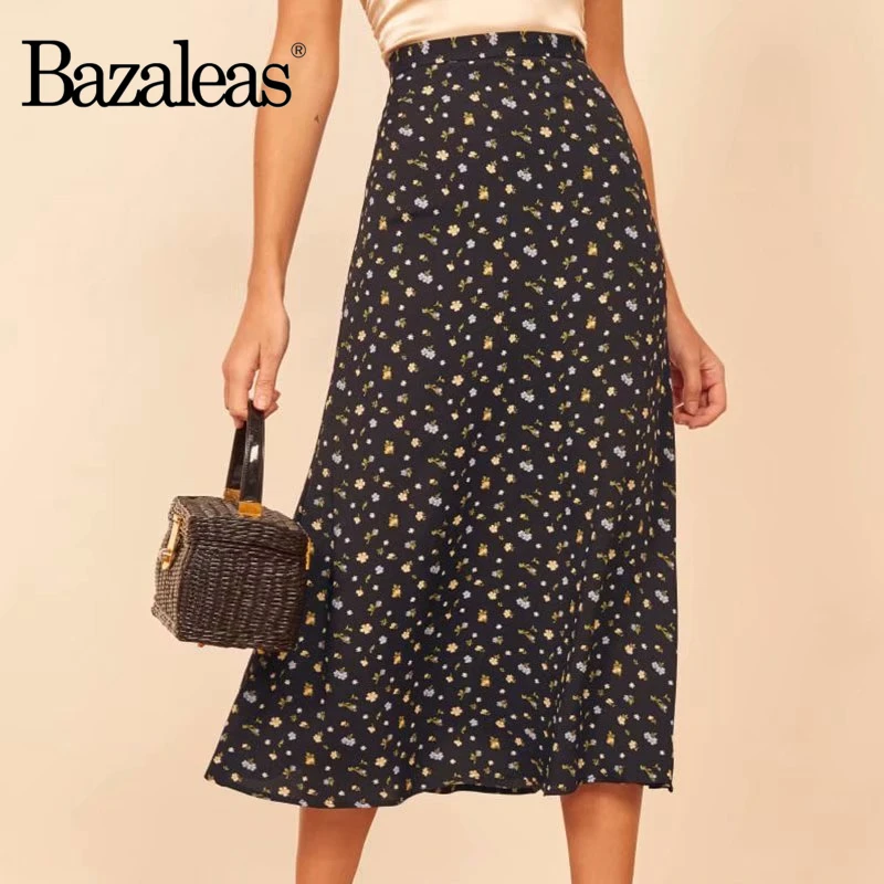 Винтажные маленькие синие юбки Bazaleas с цветочным принтом черные женские