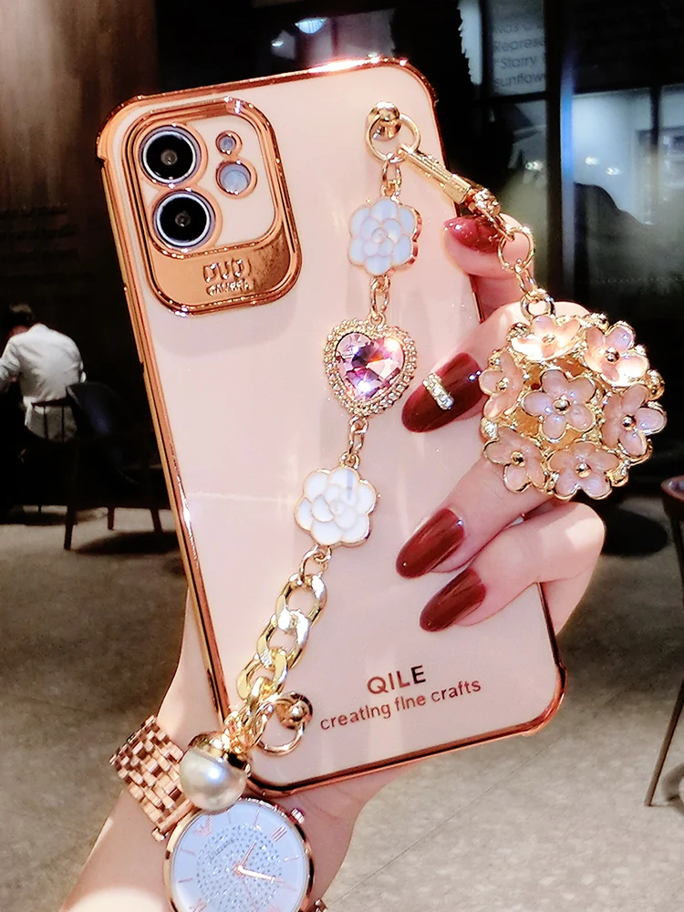 Luxury Plating Glitter Bling Camellia Gem Bracelet Flower Pendant Phone Case For IPhone 12 11 Pro XS MAX XR X 7 8 Plus Cover | Мобильные