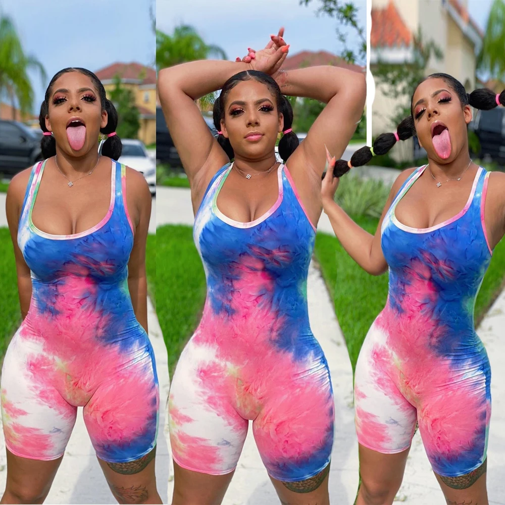 

UVRCOS Multi Color Tie Dye Printing Sexy Rompers Women Short Jumpsuit 2021 Fashion Streetwear Camisole Club Outfits One Piece
