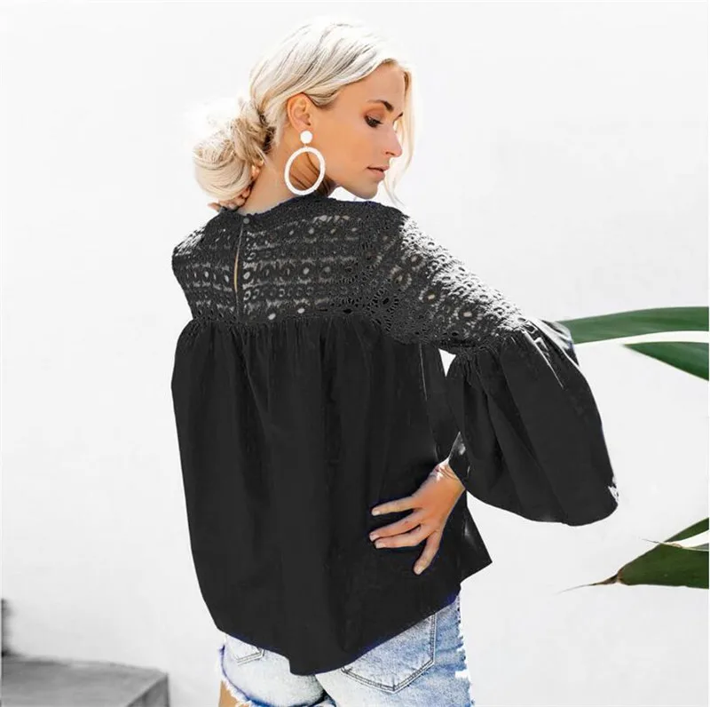 

Women Autumn T-Shirts for Streetwear Patchwork Design Lace Decor Hollow Out O-Neck Flare Sleeve Solid Color Slim Party Top