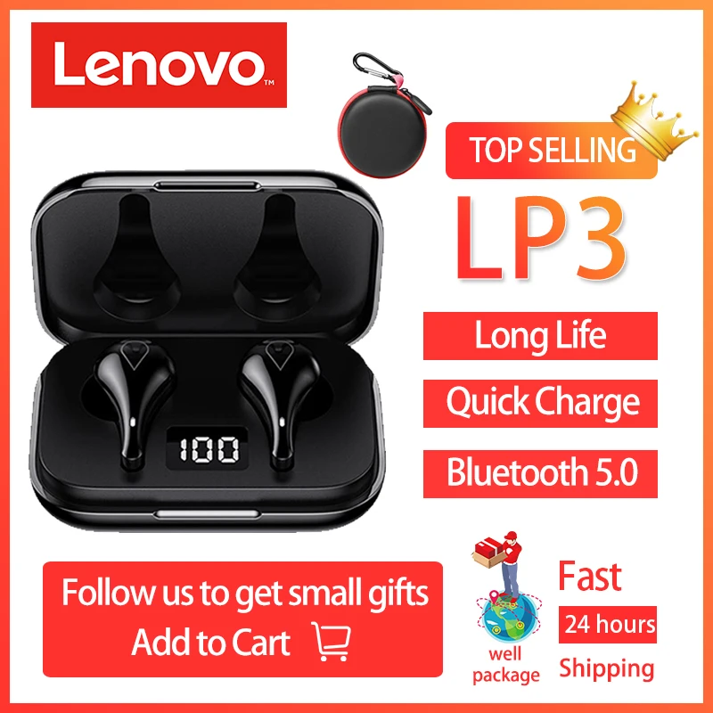 

Lenovo LP3 Wireless Bluetooth 5.0 Earphones Waterproof TWS Low Latency Stereo Bass Sound Gaming Earbuds with LED Power Display