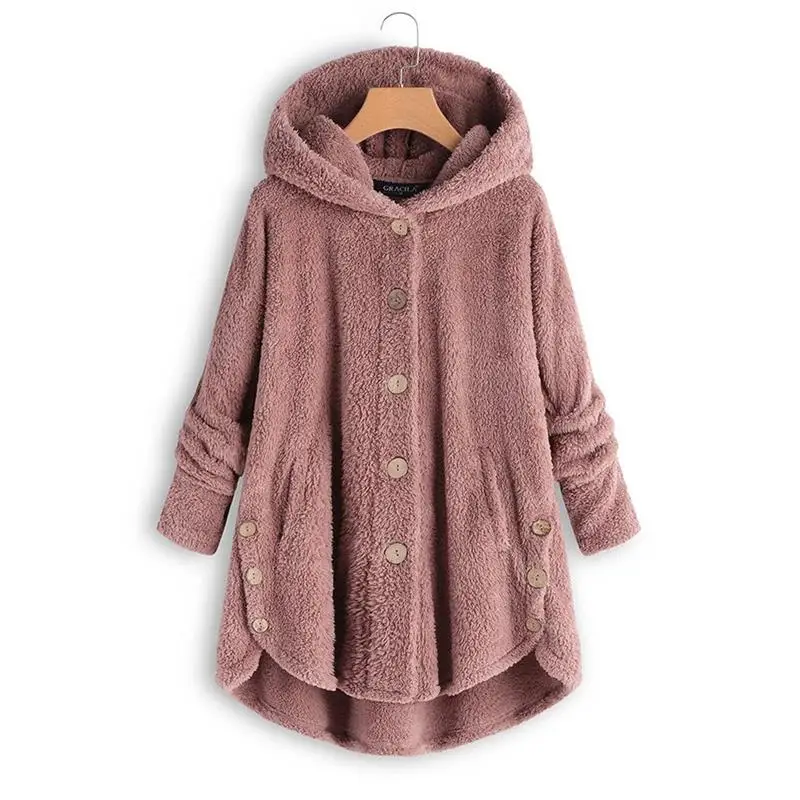 Fluffy Button Hoodies Women Sweatshirt Jacket Button Coat Solid Tops Hooded Pullover Loose Blouse Plus Size Warm Thick Top women solid color cold shoulder sweatshirt sexy plus velvet hooded hoodies loose warm top