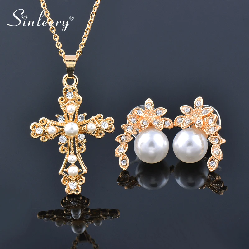 

SINLEERY Baroque Pearl Hollow Cross Pendant Necklace Leaf Earring Set Gold Silver Color For Women Statement Jewelry TZ027 SSK