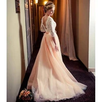long sleeves a line blush pink bridal dress lace open back sexy beautiful garden country wedding dress wedding gown