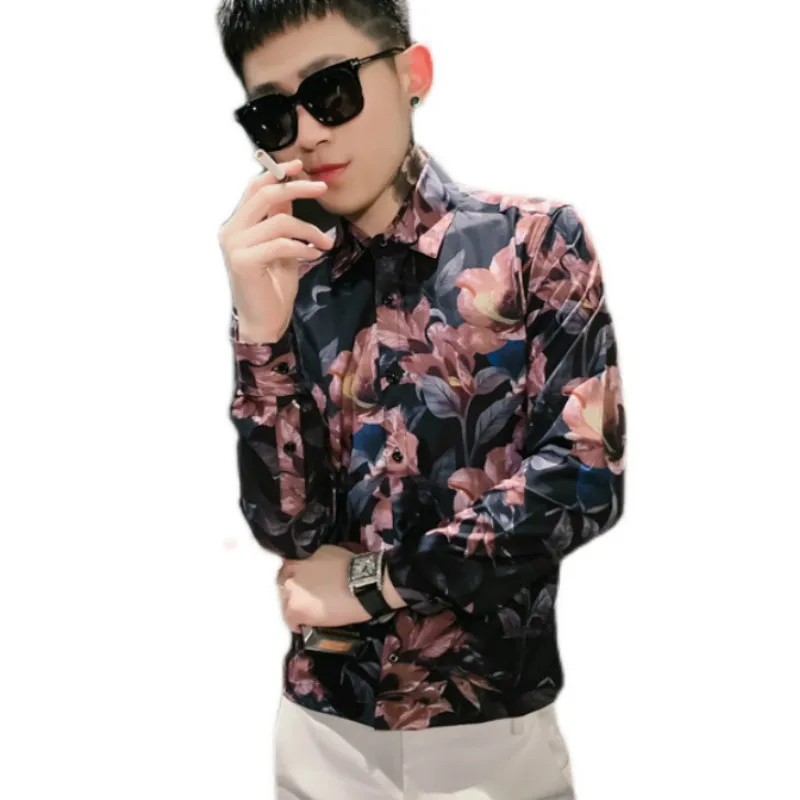 

Men 2021 Spring Floral Shirts Long Sleeve Casual Slim Fit Formal Business Dress Shirts Male Social Party Blouse Clothing Camisa