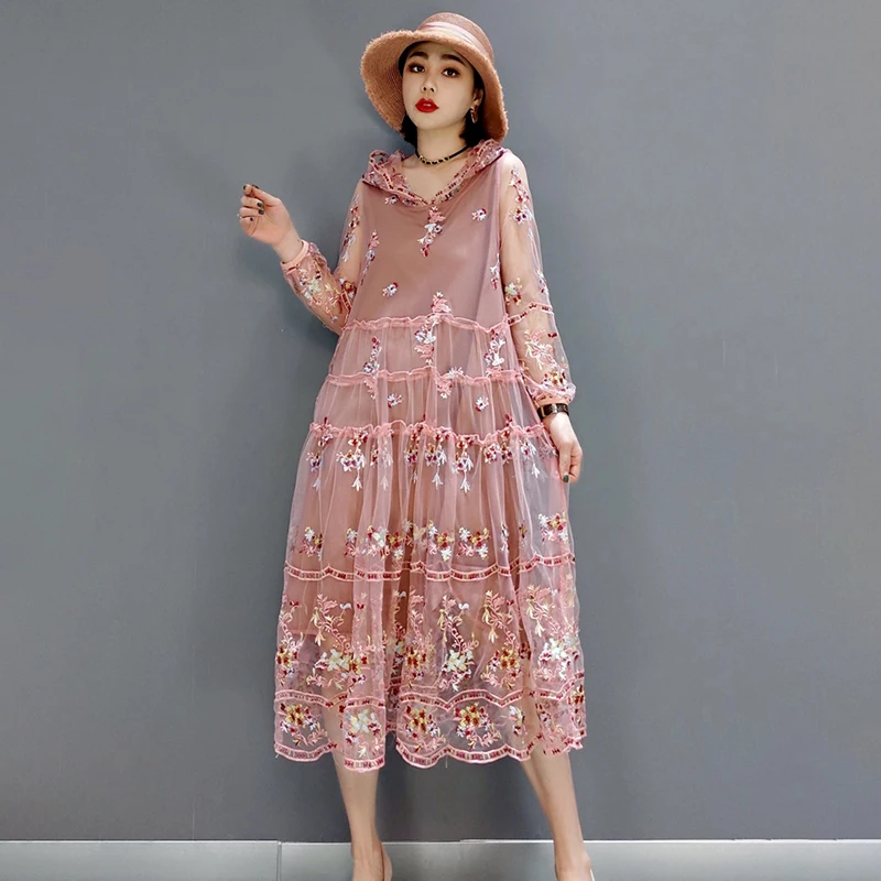 

SHENGPALAE Elegant Embroidery Mesh Pink Derss Women's Summer 2021 New Hooded Long Sleeve Mid-calf Dresses Female Tide 5C977