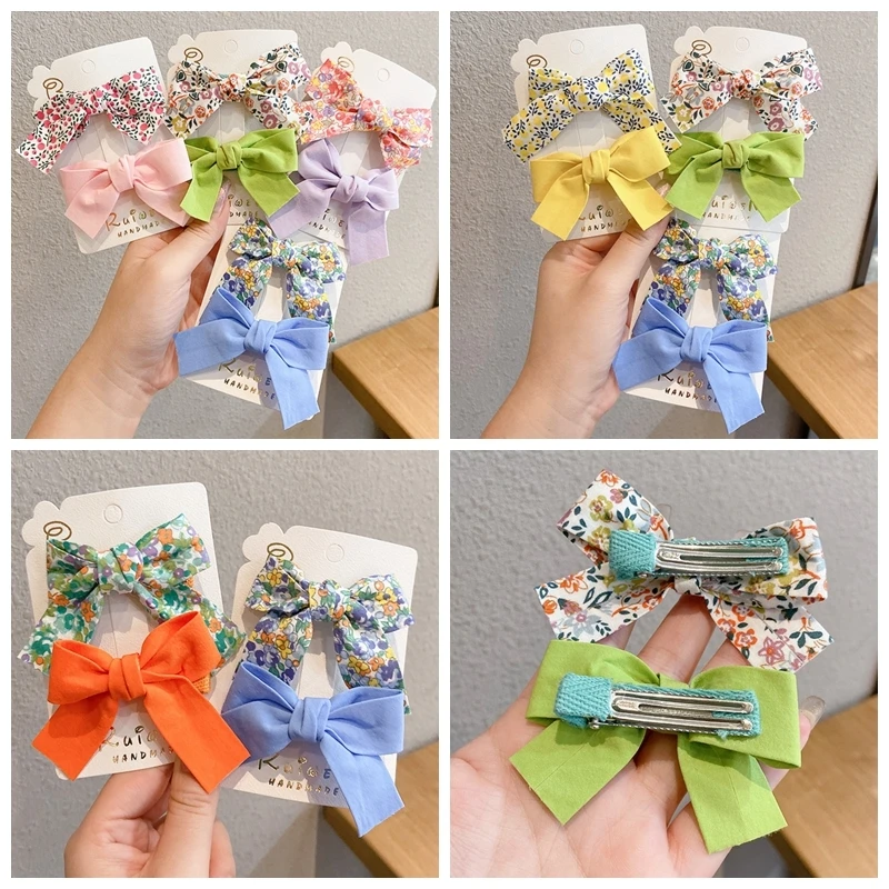 

2 Pieces/set Floral Bow Children Hairpin Kids Headdress Printed Side Bangs Clip Fashion Hair Accessories Women 2021 Spring